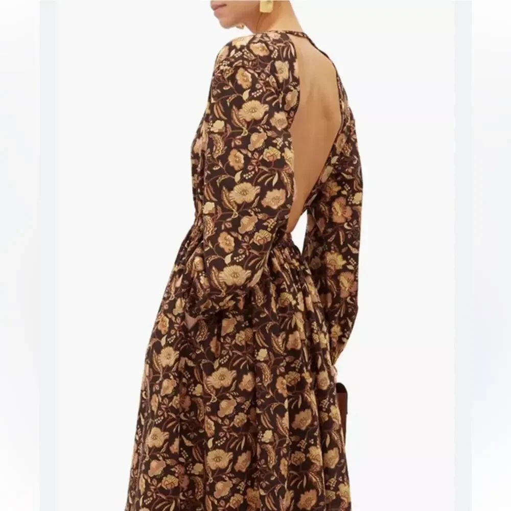 Matteau Puff Sleeve Open Back Orange Floral Maxi Dress - Picture 7 of 13